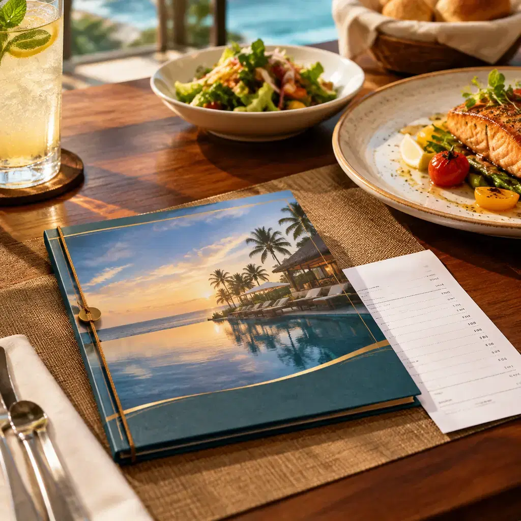 A meal voucher booklet beside a plated meal at a resort restaurant table, illustrating where a dining plan fits into the cost.