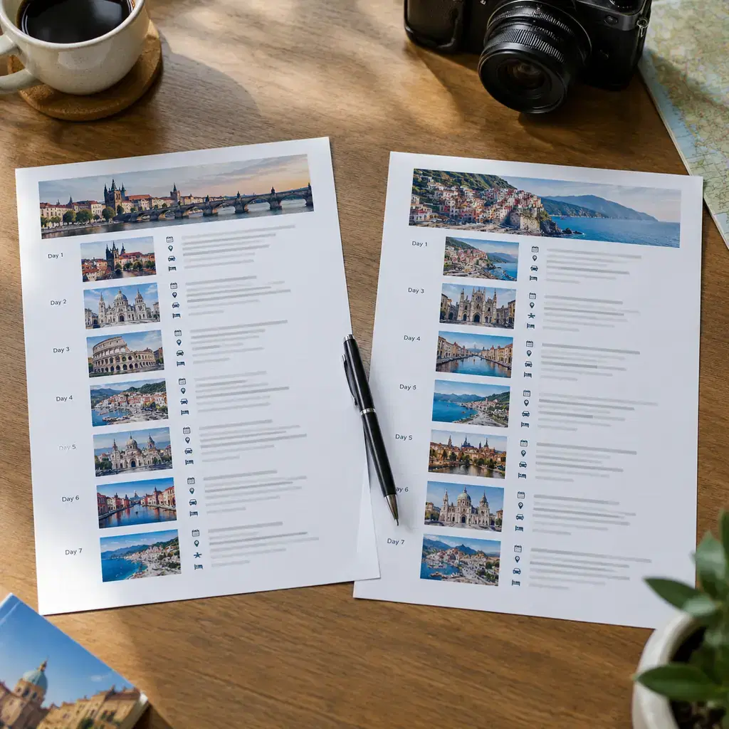 Two printed day-by-day tour itinerary sheets being compared side by side, illustrating that itinerary against itinerary is the most useful comparison.