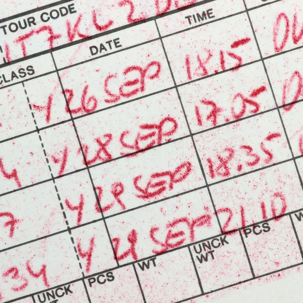 A handwritten paper record tracking flight segments and dates, illustrating the record-keeping behind spending loyalty miles on an upgrade.