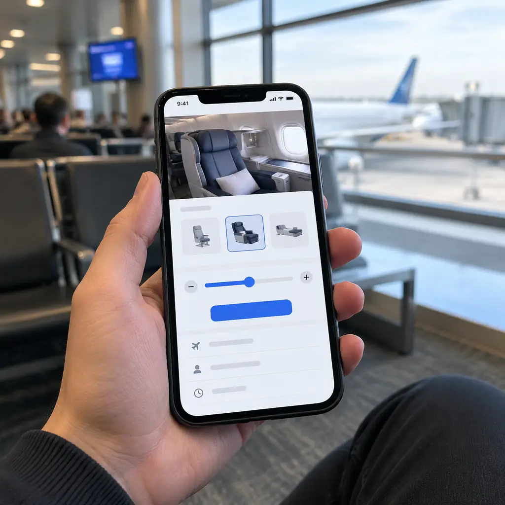 A smartphone showing a seat-upgrade bidding app interface, illustrating how bid-for-upgrade systems let passengers set their own price.