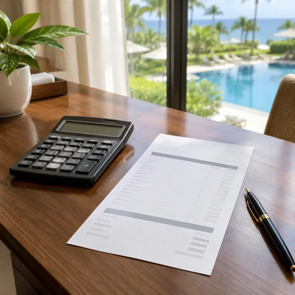 A calculator and printed hotel folio bill on a resort room desk, illustrating when a top room tier stops paying for itself.