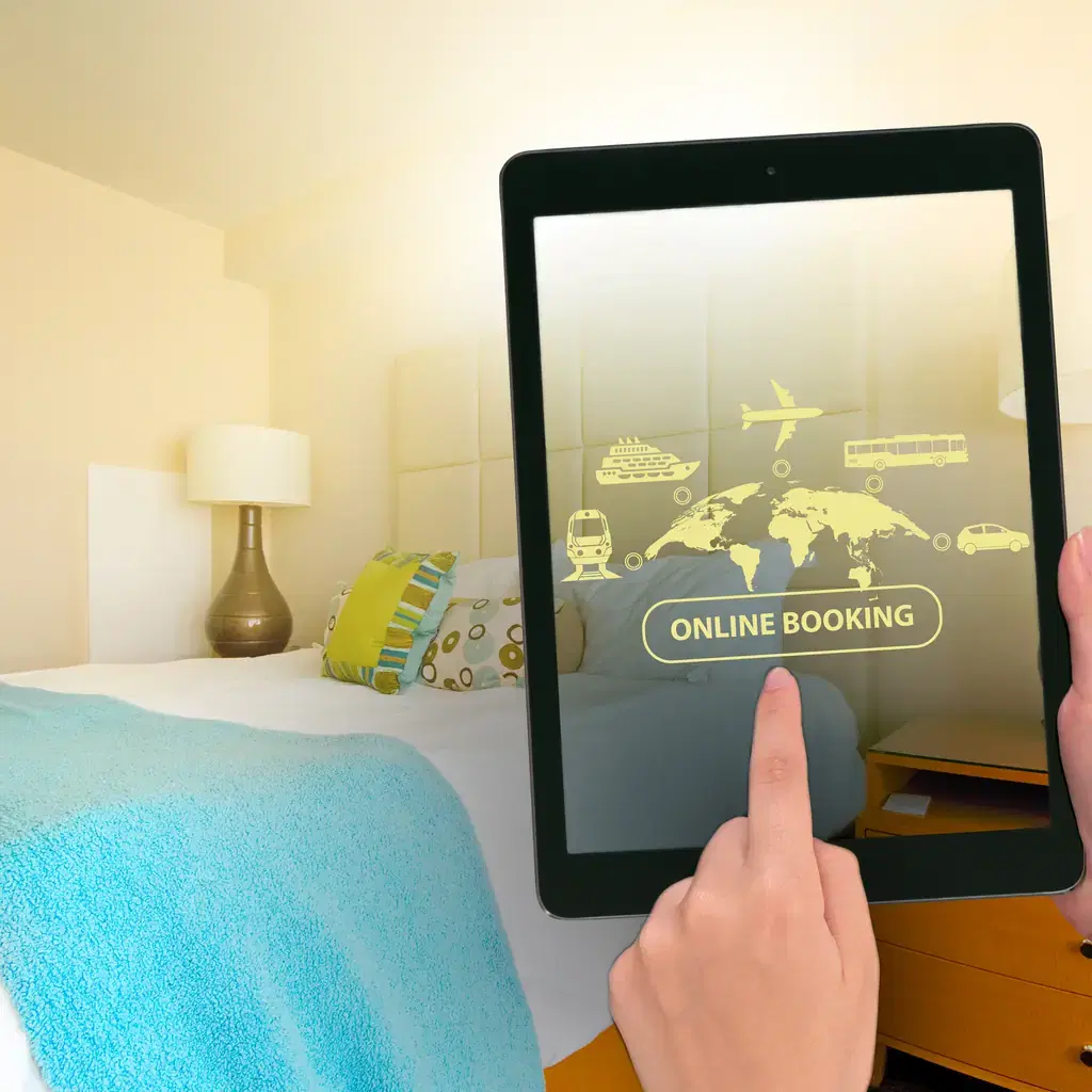 A tablet showing an online hotel booking concept, illustrating the importance of checking the exact room category before booking.