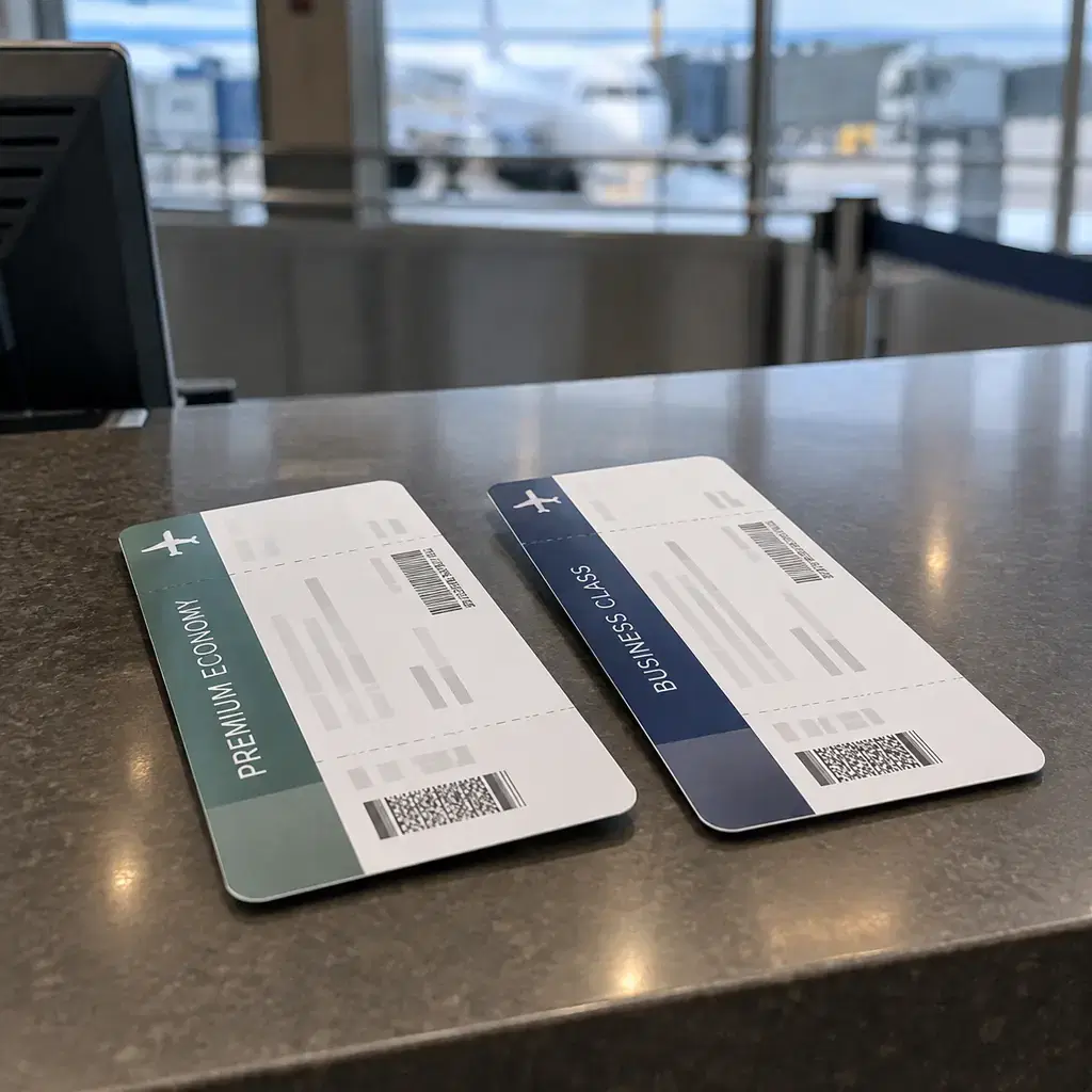 Two airline boarding passes side by side, illustrating the different problems premium economy and business class solve.