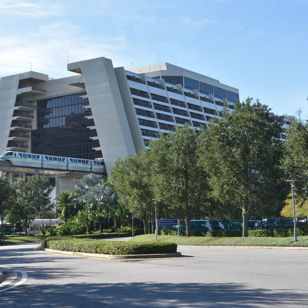 The Walt Disney World monorail arriving at Disney's Contemporary Resort, illustrating a monorail-connected resort.
