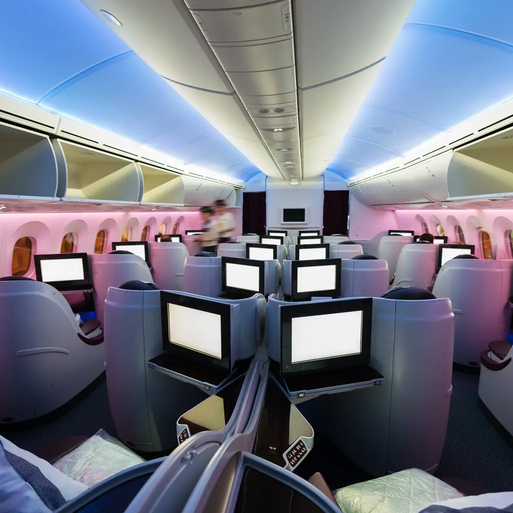An airplane cabin interior, illustrating the kind of setting where enclosed-suite business class sits above a standard flat bed.