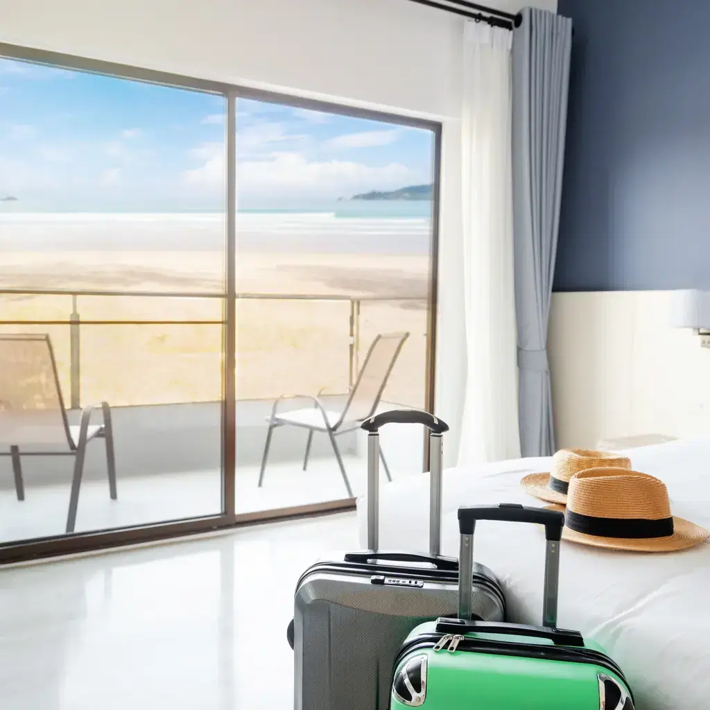 A hotel room with glass doors opening directly onto the beach, illustrating beachfront as its own room category.