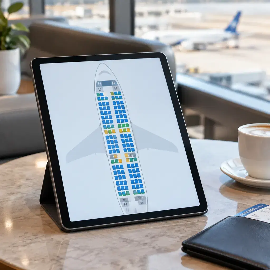 A seat map diagram displayed on a tablet, illustrating how the same fare class can mean a different seat on different aircraft.