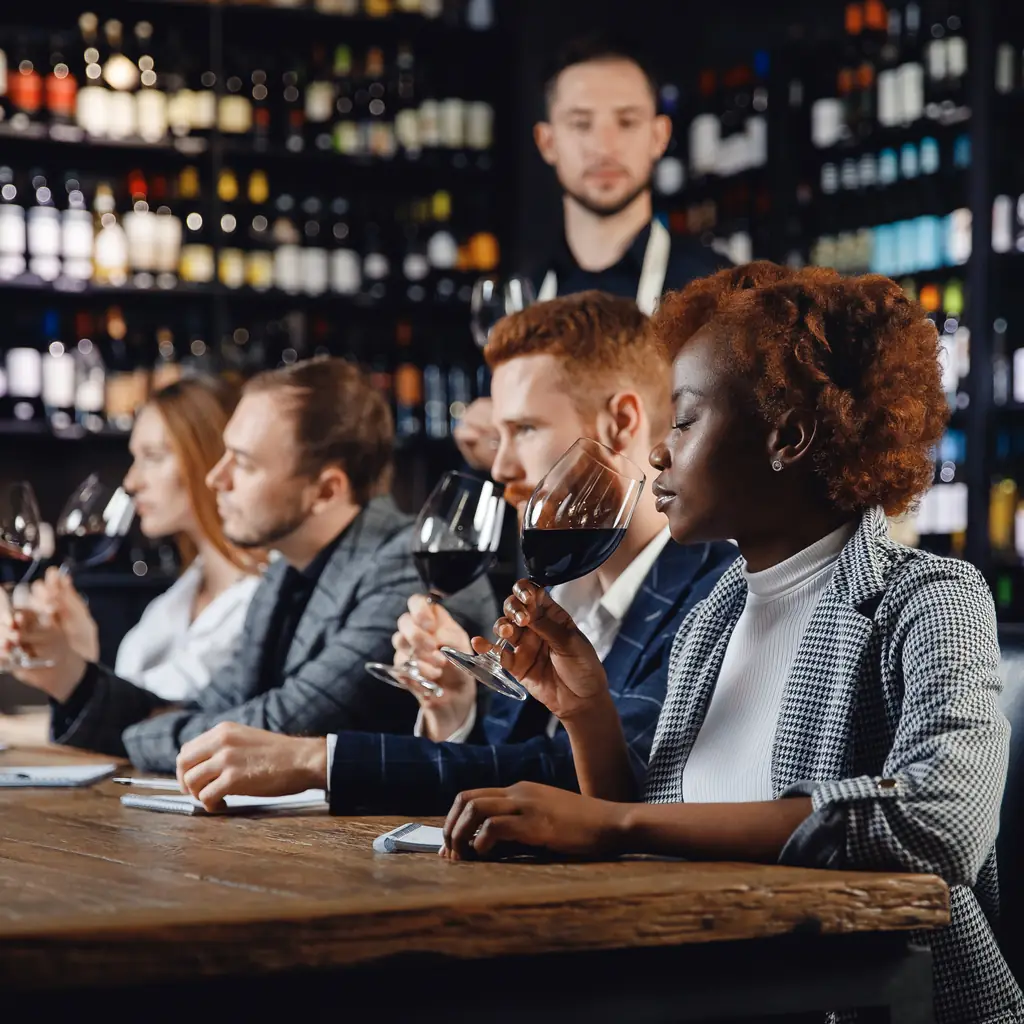 A group tasting red wine with a sommelier in a wine cellar, illustrating signature cultural inclusions that differ by brand.